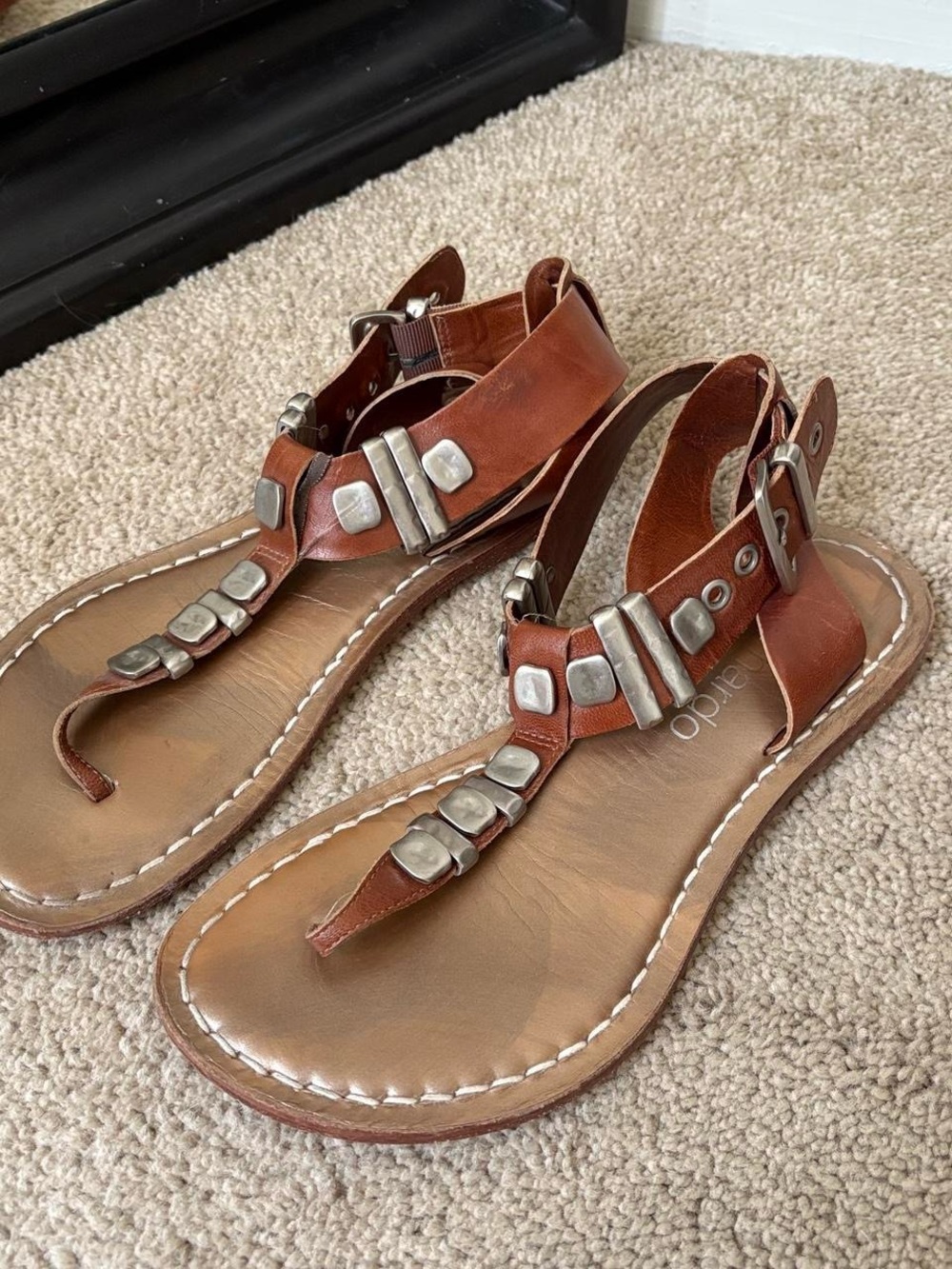 Bernardo Brown Leather T-Strap Sandals with Silver Studs - Picture 4 of 7